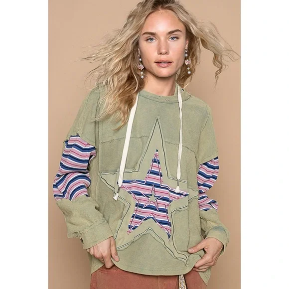 POL Star Patch Oversized Hoodie in Olive Mineral Wash - Picture 2 of 5